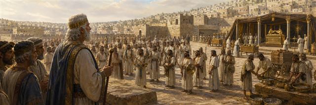 Elderly David organizing Levites as musicians, guards, and assistants near the ark’s tent